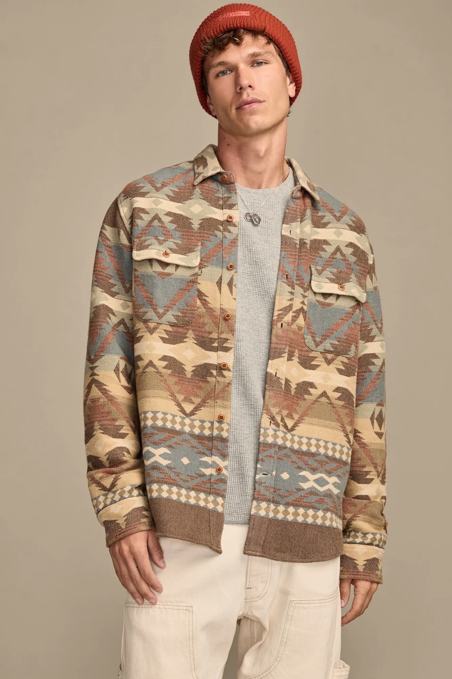 Image of Lucky Brand Jacquard Flannel Shirt - Men's Clothing Outerwear Shirt Jackets in Brown Multi