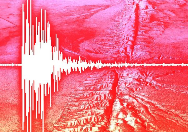 A stylized illustration combines an earthquake waveform with an aerial view of a fault line. The image is tinted red and white, with a large seismic signal superimposed across the landscape to represent earthquake activity in California.
