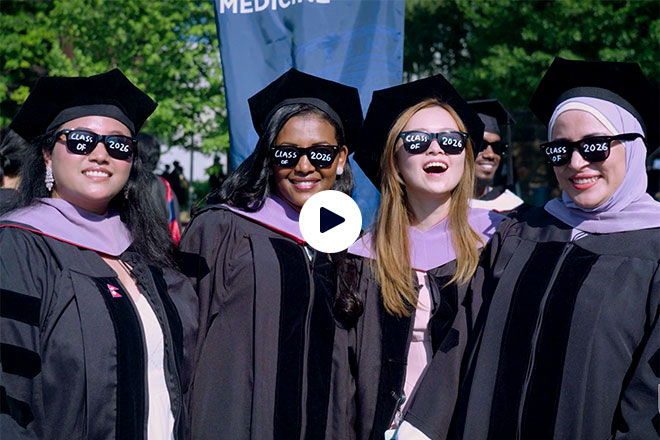 Graduating students in robes and "Class of 2026" sunglasses.