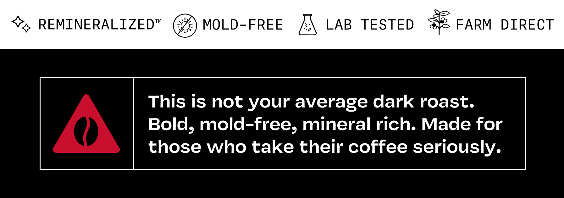 Icon row: Remineralized, Mold-Free, Lab Tested, Farm Direct — with dark roast callout text and warning triangle icon