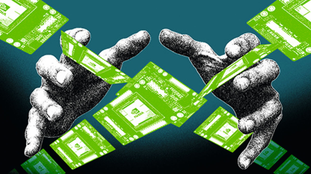 Illustration of hands grabbing at some Nvidia computer chips that are flying through the fingers