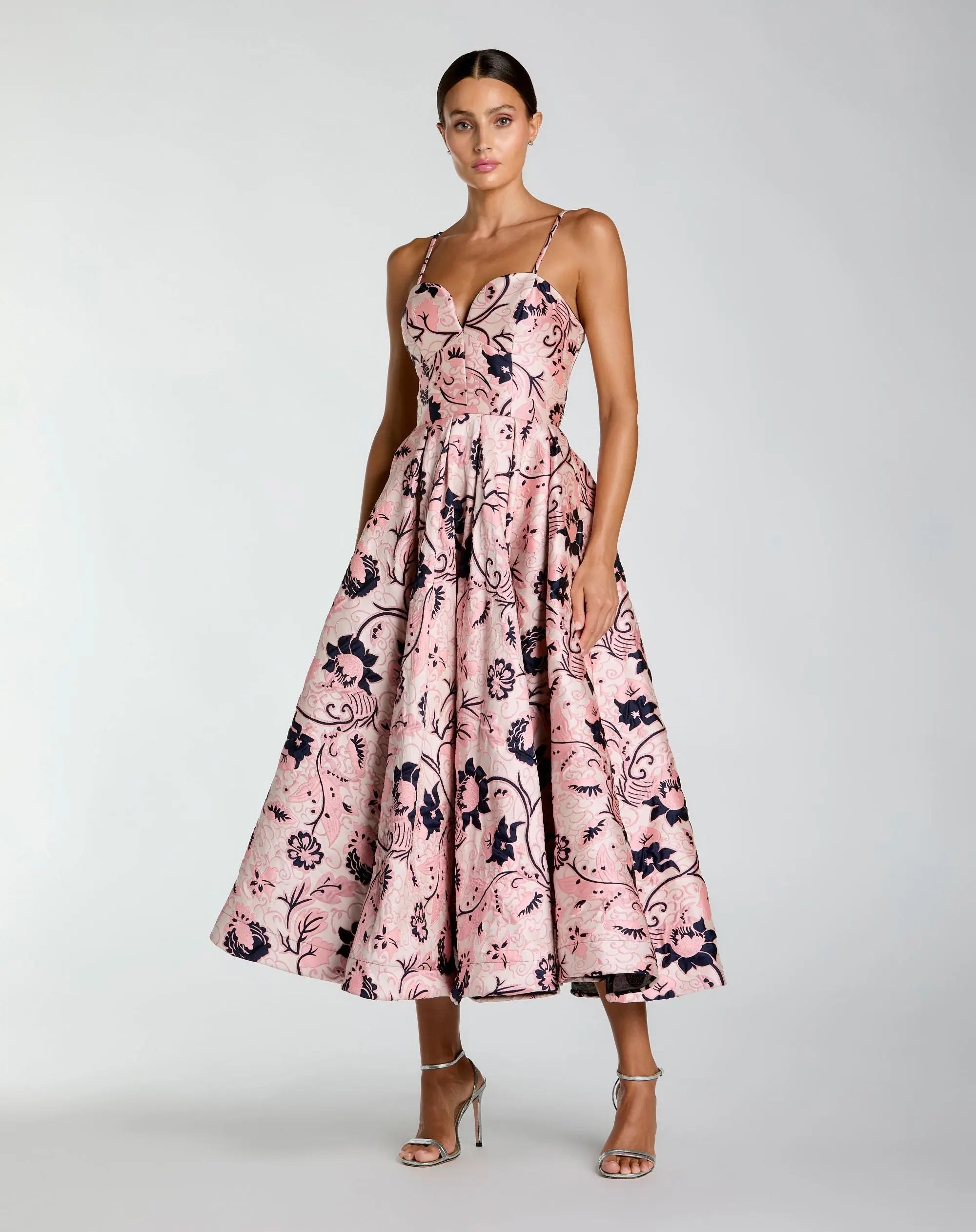 Image of Pink Brocade Sweetheart Neck A-Line Midi Dress