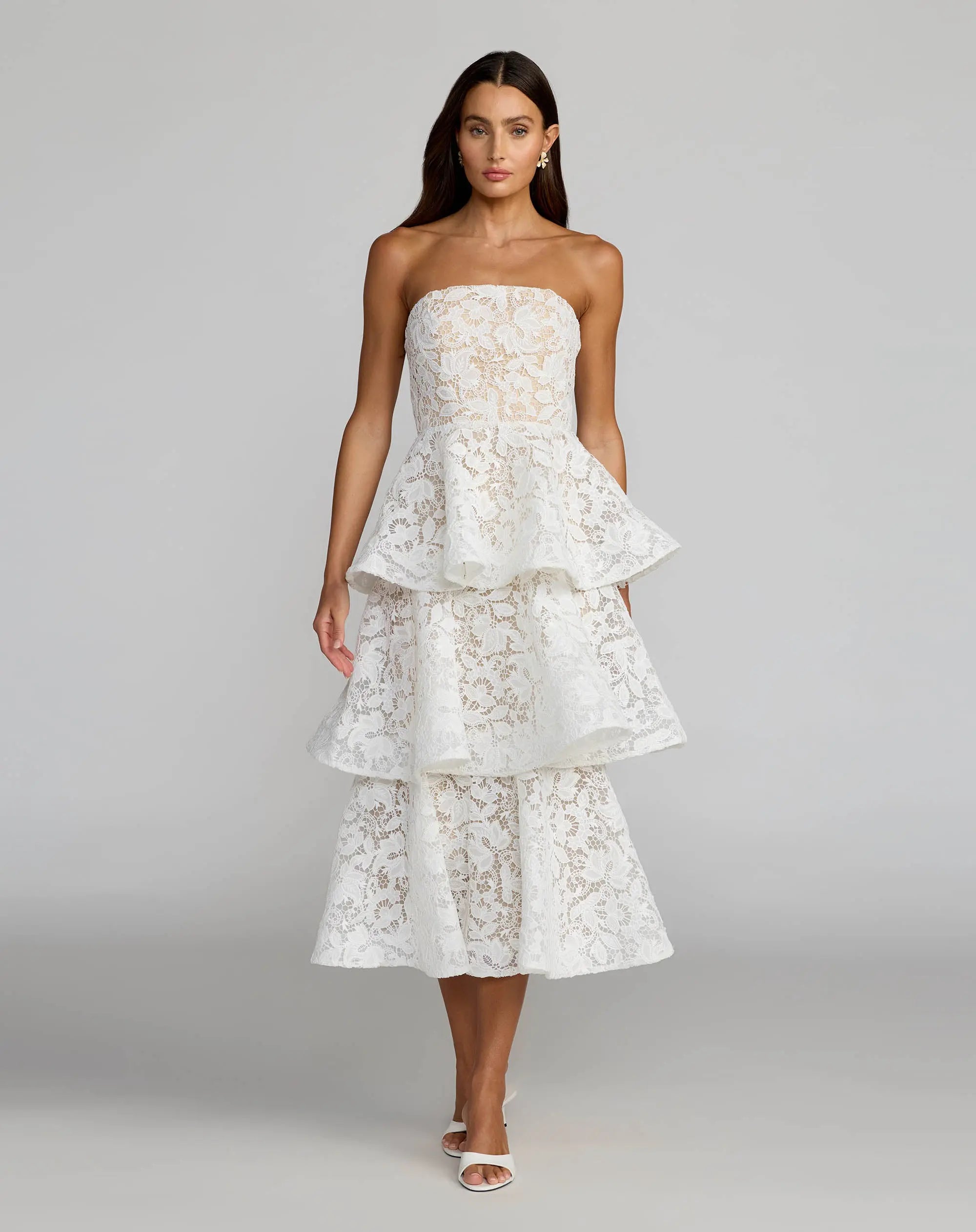 Image of White and Beige Strapless Lace Tiered Ruffle Midi Dress