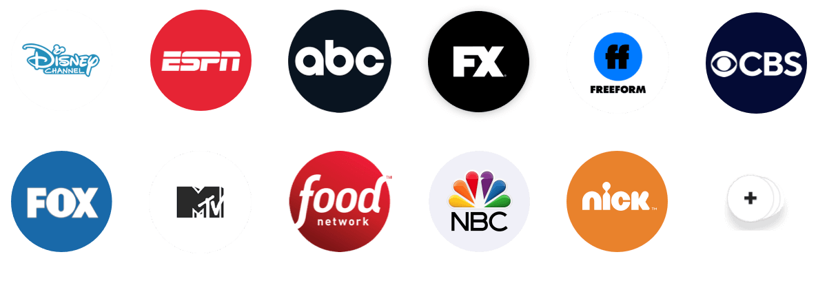 Logos for Disney Channel, ESPN, ABC, FX, Freeform, CBS, FOX, MTV, Food Network, NBC, and more
