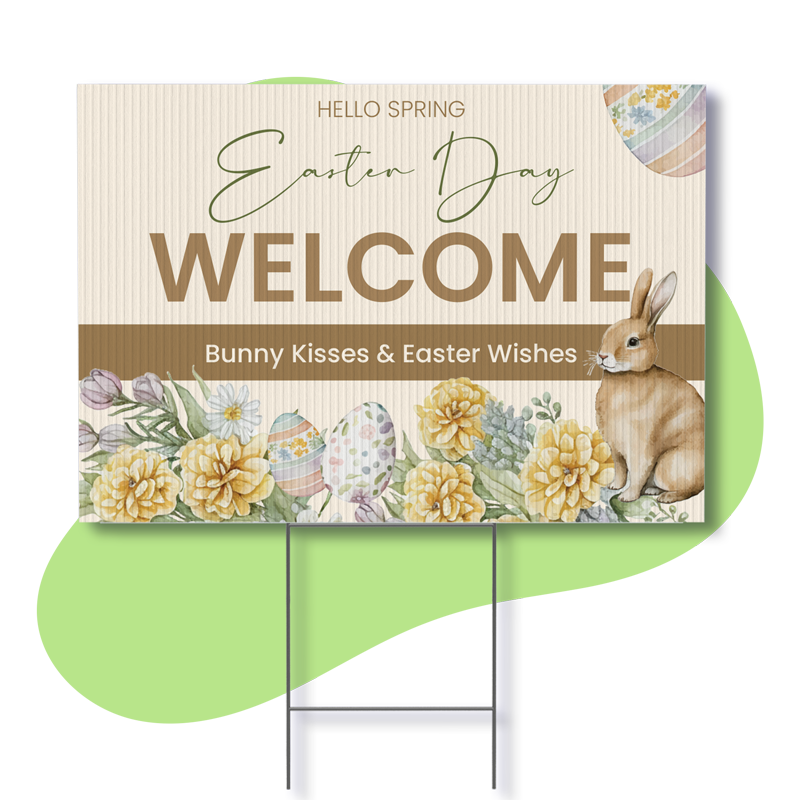 Easter yard sign featuring a watercolor rabbit, yellow flowers, and the text "Hello Spring Easter Day Welcome."
