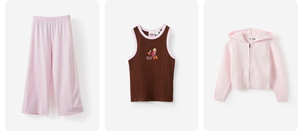 Three clothing items displayed: pink wide-leg pants, brown sleeveless tank top, and pink zip-up hoodie