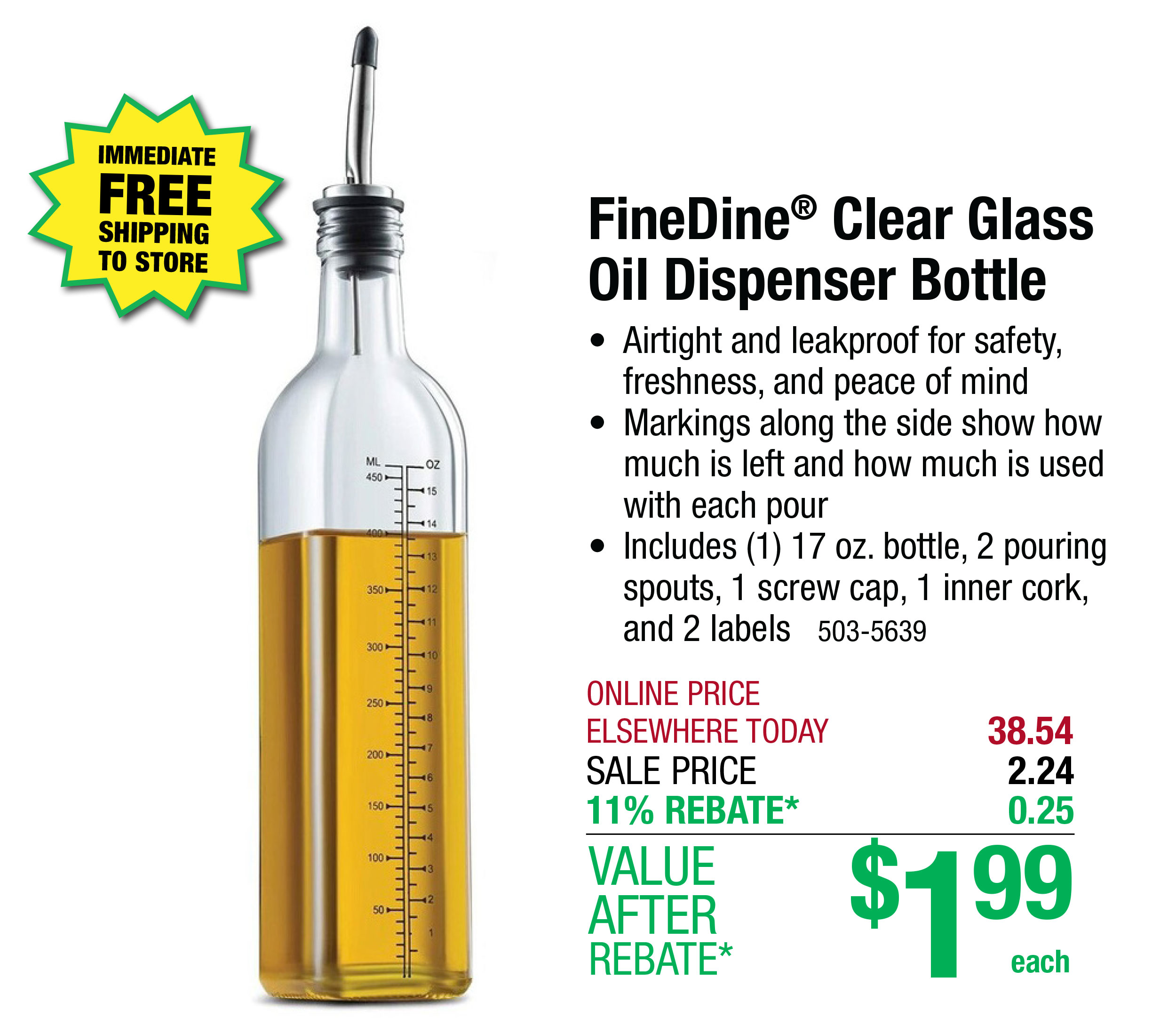 FineDine® Clear Glass Oil Dispenser Bottle - ONLY $1.99 After Rebate*!