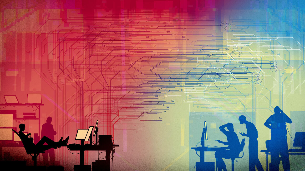 Two opposing teams, with online attacks as somewhat abstract graphics of arrows and lines between them. 