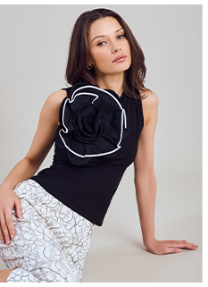 Black Sleeveless Cotton Jersey Top With Oversized Statement Flower