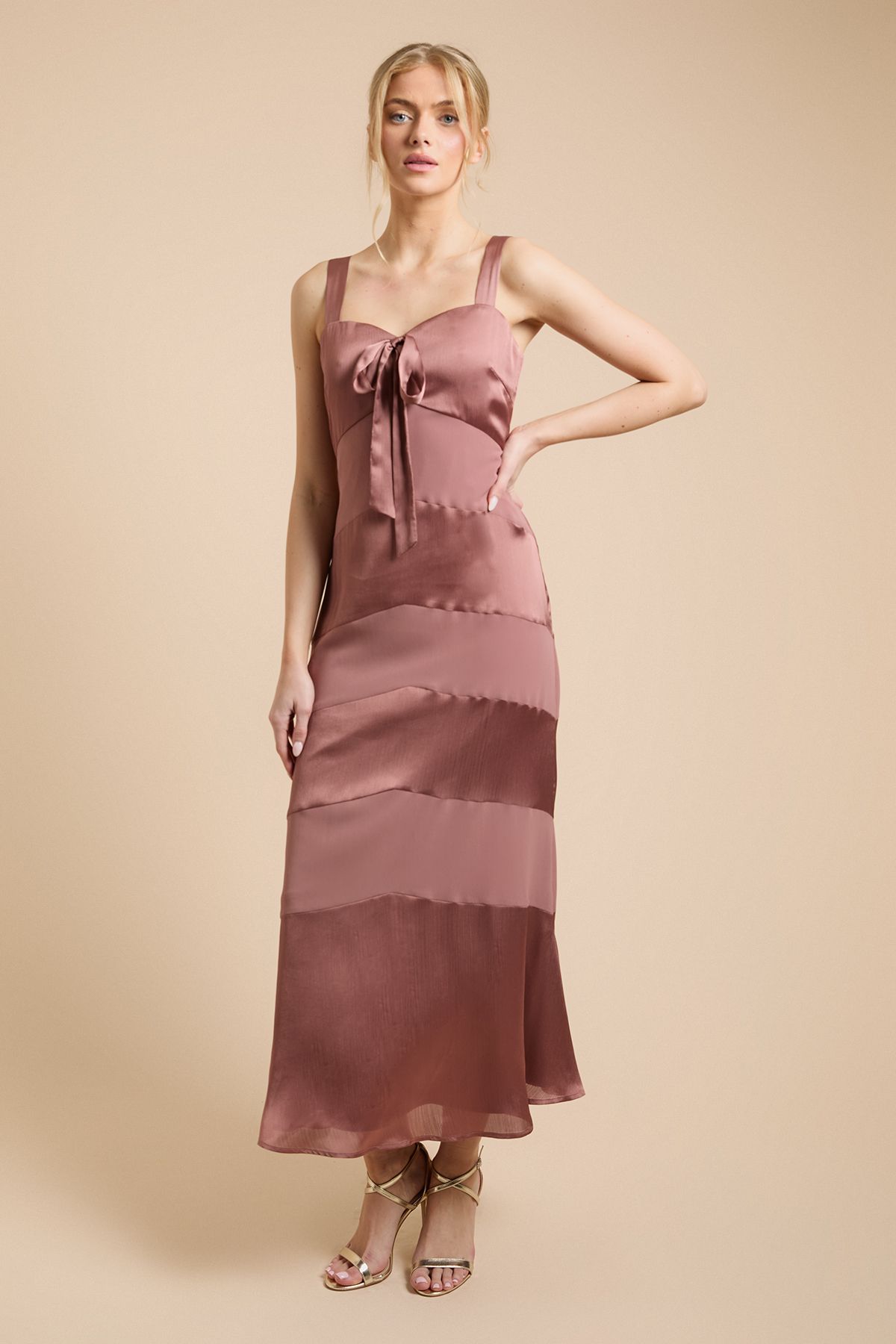 Satin and Chiffon Mix Bow Front Cami Dress