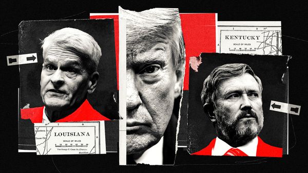A collage illustration showing Bill Cassidy, Thomas Massi, parts of maps showing Louisana and Kentucky and a close crop of Donald Trump's face in the centre between them.