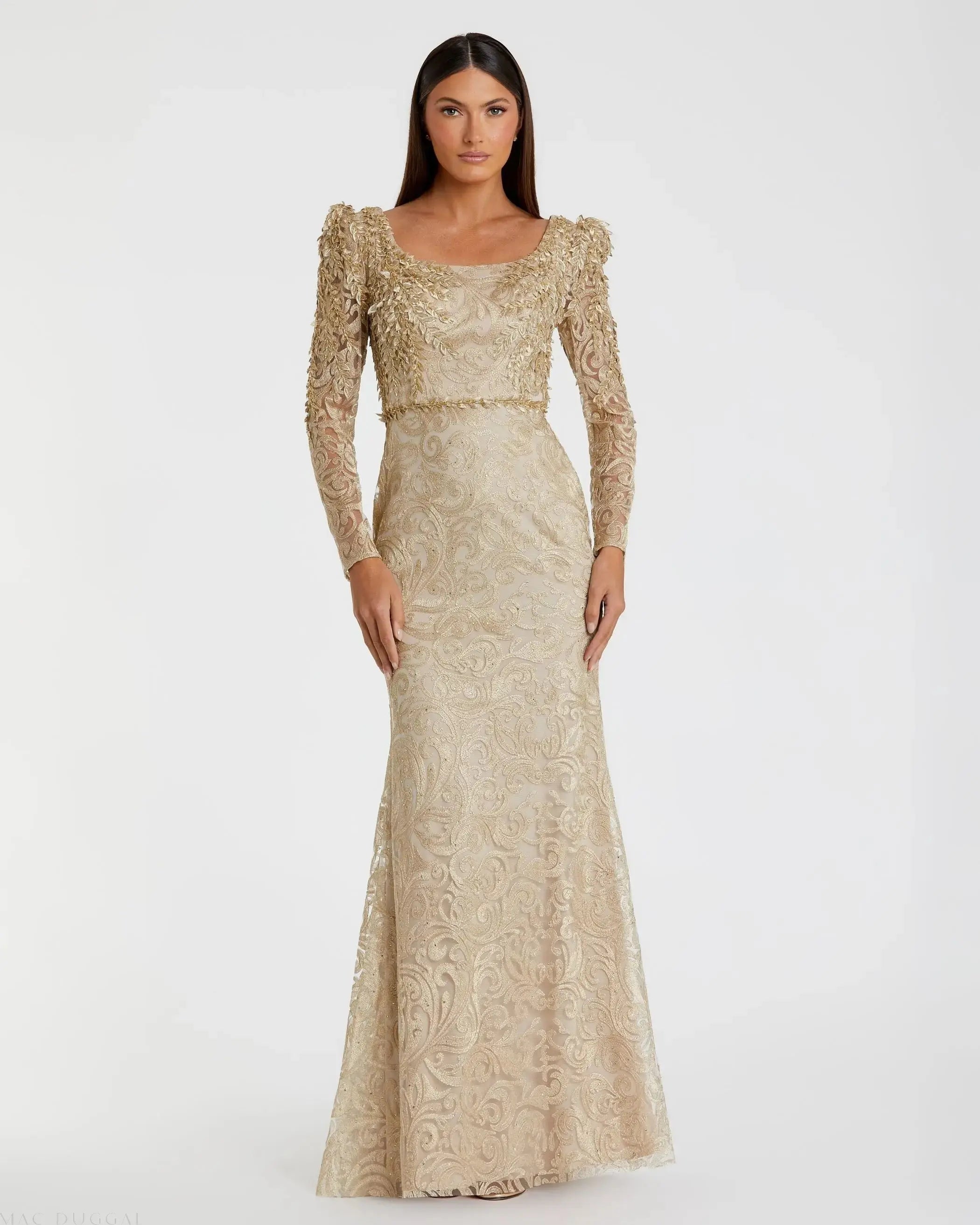 Image of Gold Long Sleeve Embroidered Applique Trumpet Gown