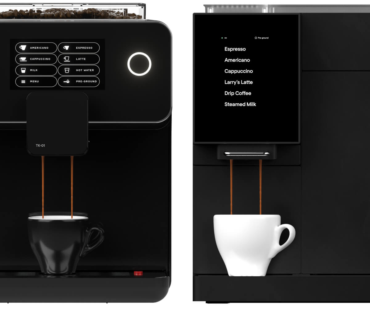 Side-by-side image of TK-01 and TK-02, each will coffee pouring into mugs.