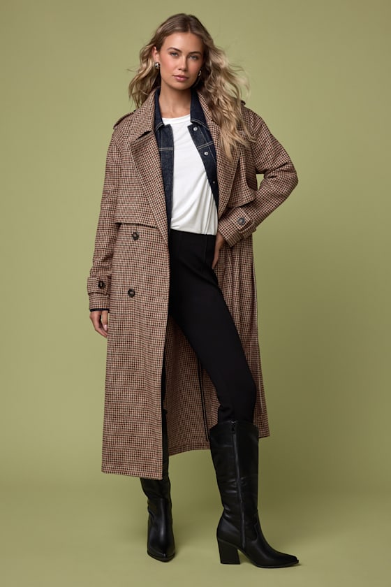Image of Arnella Light Brown Houndstooth Belted Trench Coat