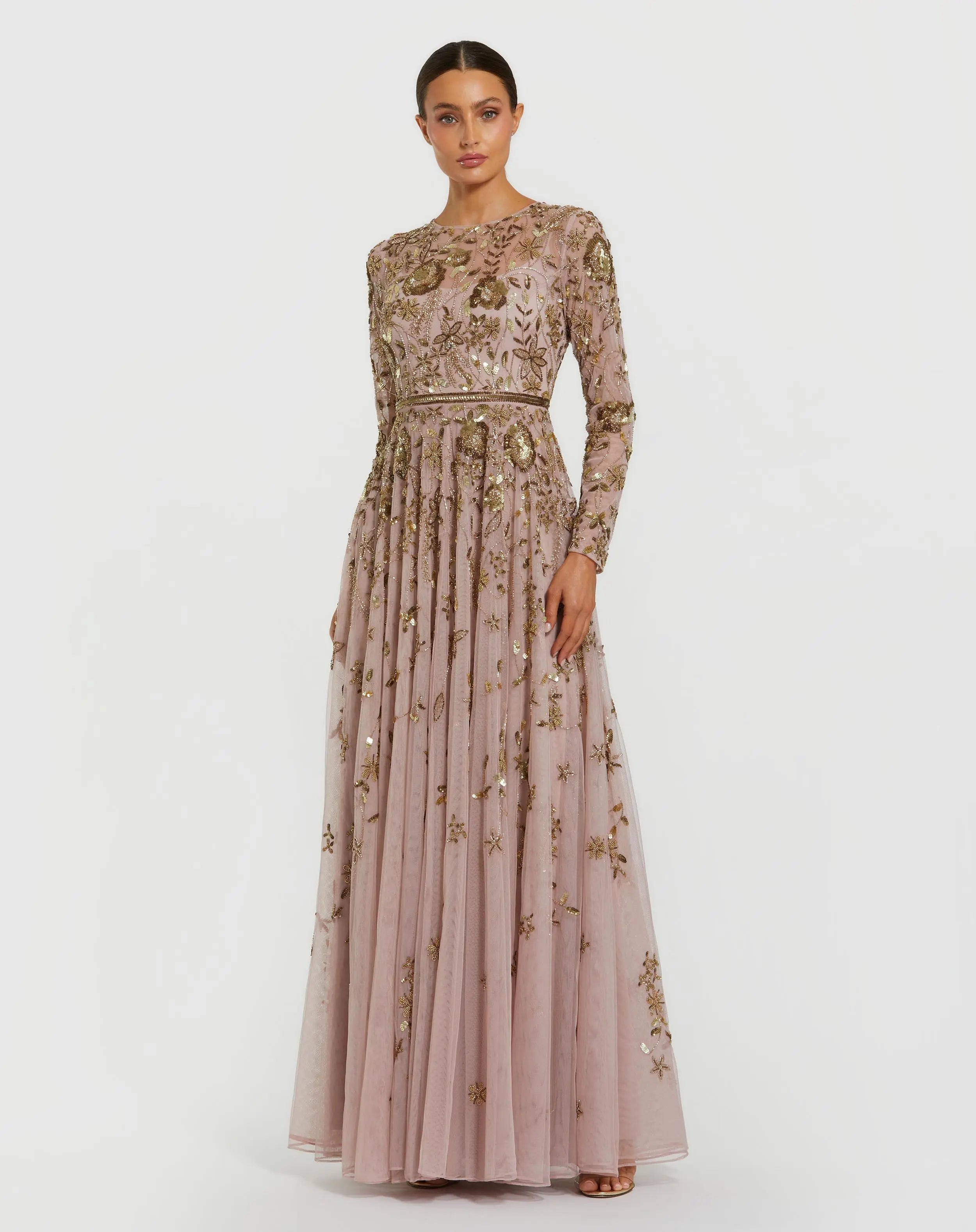 Image of Light Purple Long Sleeve Hand Embellished Floral A-line Gown