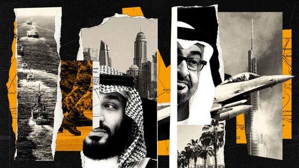 Collage of Muhammad bin Salman and Mohammed bin Zayed, together with pictures of wealth in the Gulf. 
