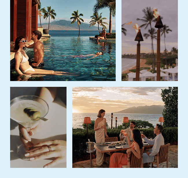 Hero GIF featuring 2 collages. First collage, Top Left) A couple enjoying an infinity pool with a view of palm trees and the ocean in the background. Top Right) Tiki torches glowing at sunset near the beach. Bottom Left) A hand holding a martini with an olive garnish. Bottom Right) A group of people dining outdoors at sunset with the ocean view. Second collage Top Left) A helicopter flying over a scenic coastline with cliffs and ocean views. Top Right) A person relaxing under a cabana by a pool. Bottom Left) Palm trees silhouetted against a colourful sunset sky. Bottom Right) An aerial view of a boat surrounded by people swimming in clear blue water.