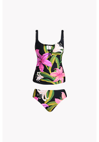 Jungle Blossoms Over the Shoulder Tankini Top - Black