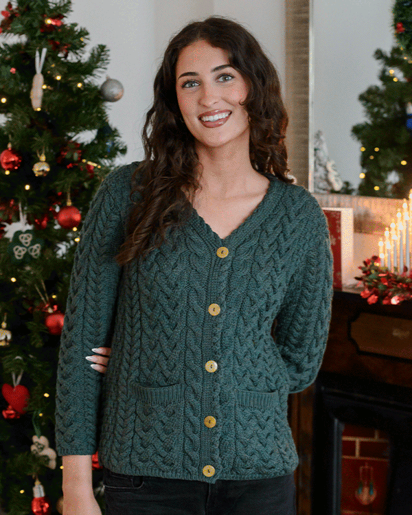 Aran V-Neck Button Up Cable Knit Cardigan