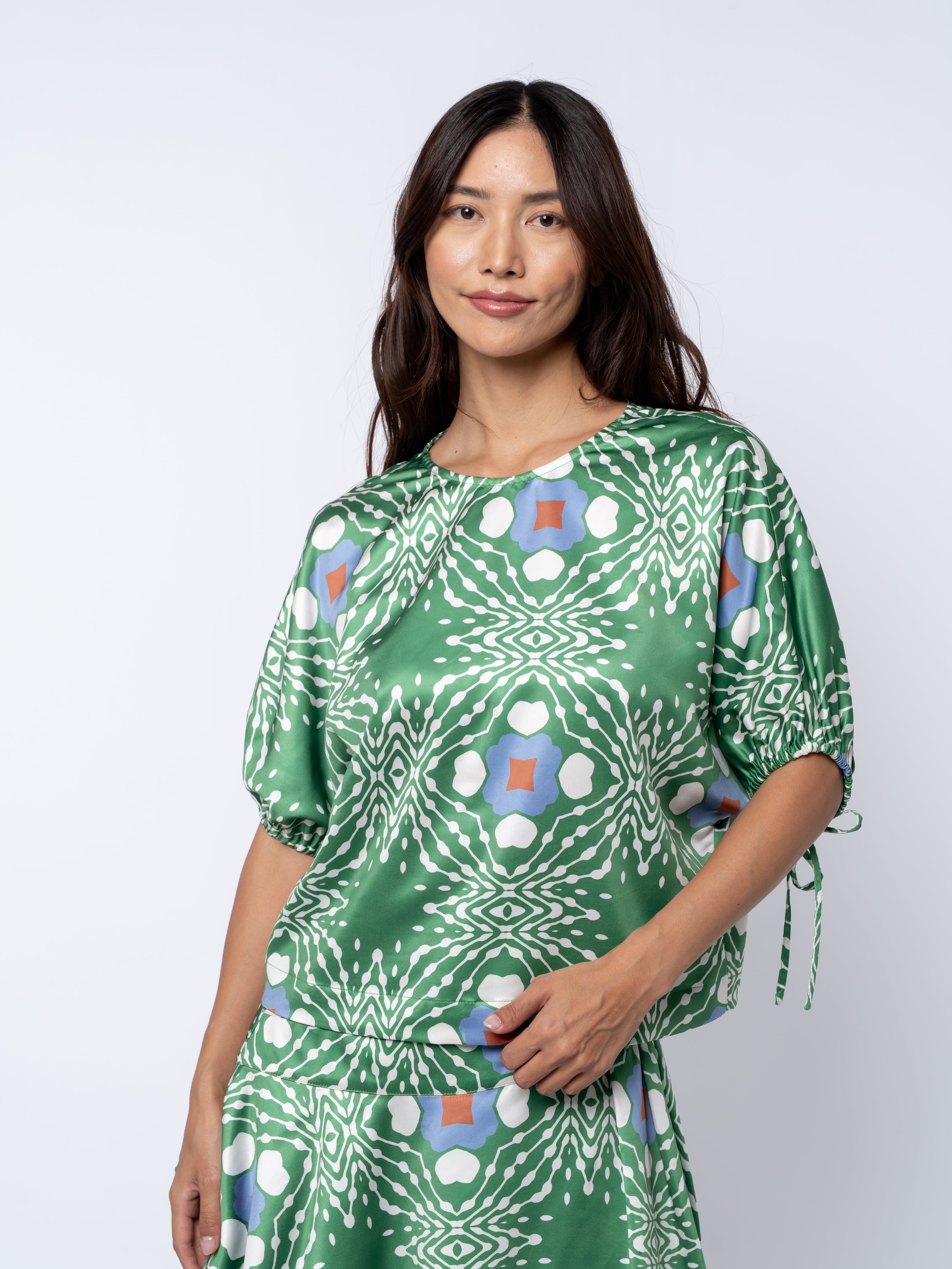 Image of Brigette Abstract Print Drawstring Satin Top