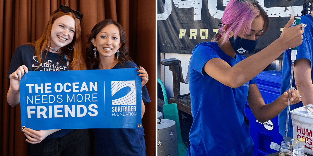 Rani Crosby tests water on the right, and on the left is holding a sign that reads "the ocean needs more friends."