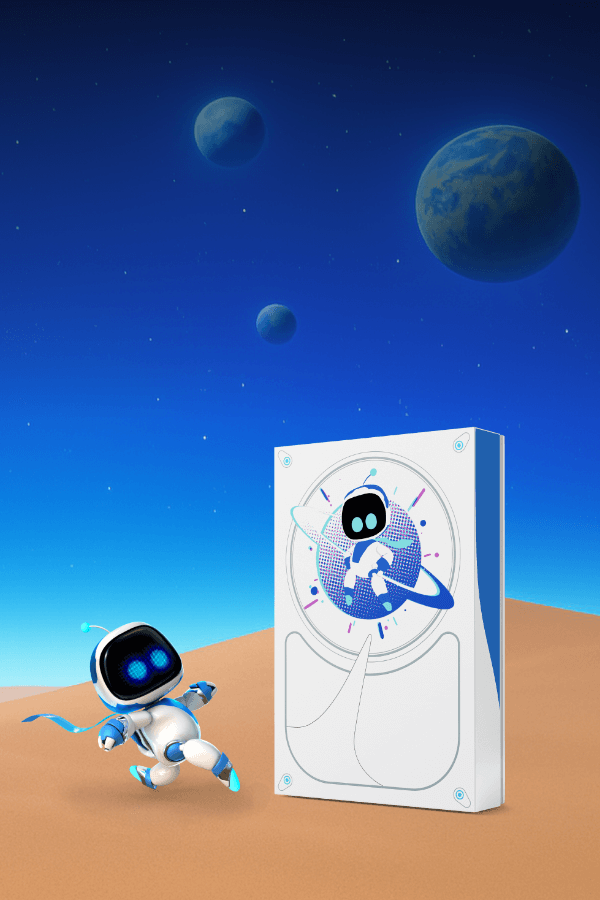 A small, playful robot with glowing blue features joyfully jumps near a futuristic white box displaying its image. Three planets float above on a deep blue sky.