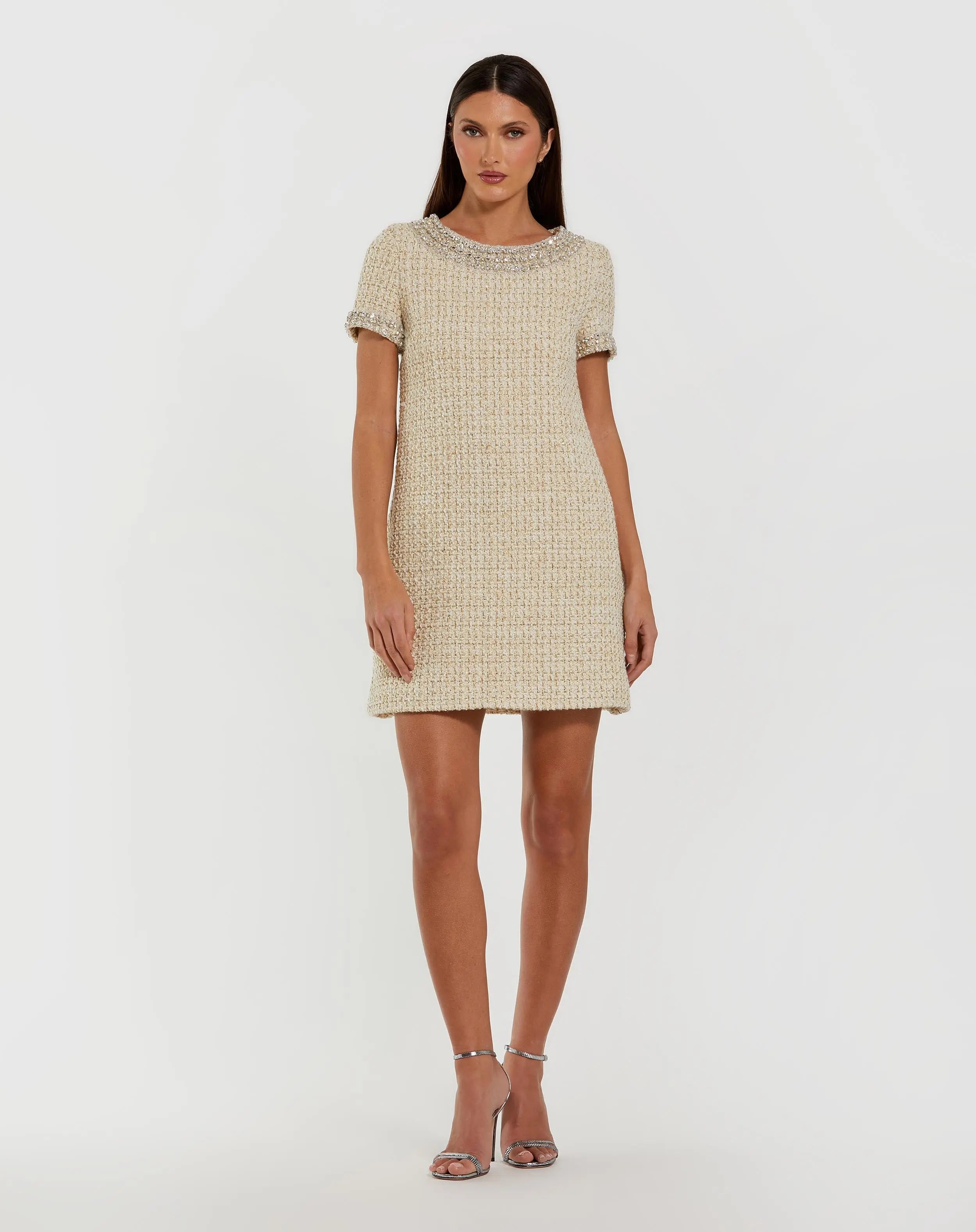 Image of Ivory Short Sleeve Embellished Boucle Mini Dress