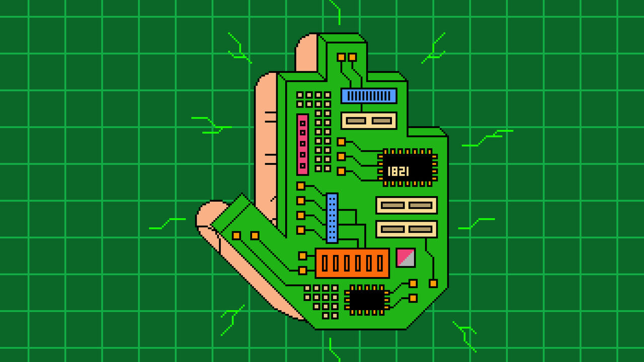 A human hand high fiving a computer chip hand