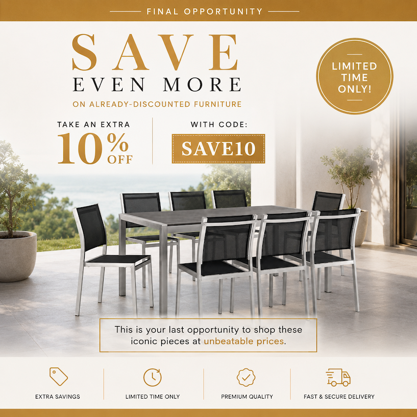 Furniture ad showcasing timeless design chairs with free shipping and fast delivery.