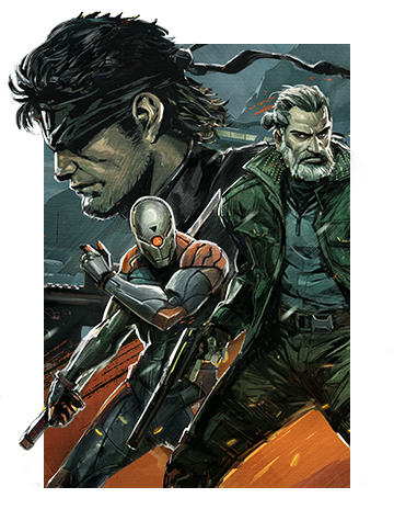 Art showcasing METAL GEAR SOLID skins for Tom Clancy's Rainbow Six Siege, including Solid Snake, the cyborg ninja Grey Fox, and Revolver Ocelot.