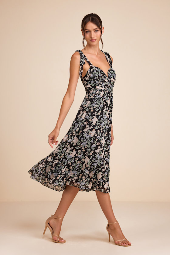 Image of Lush Loveliness Black Floral Lurex Tie-Strap Midi Dress