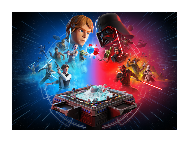 Key art for Monopoly: Star Wars Heroes vs. Villains featuring characters representing the heroes of Star Wars clashing with characters representing the villains clashing over a Monopoly board.