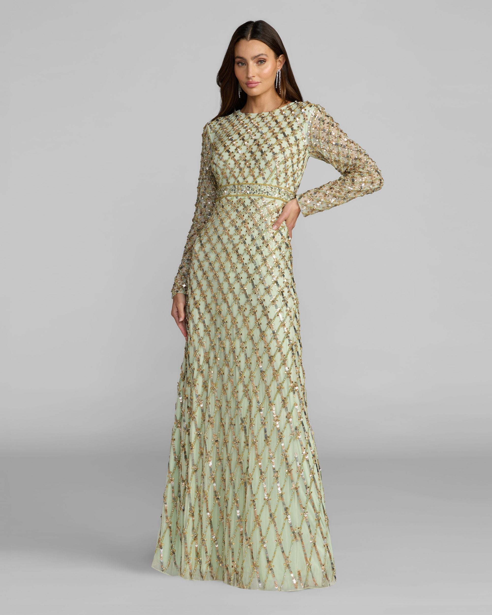 Image of Sage Green Long Sleeve High Neck Embellished Gown