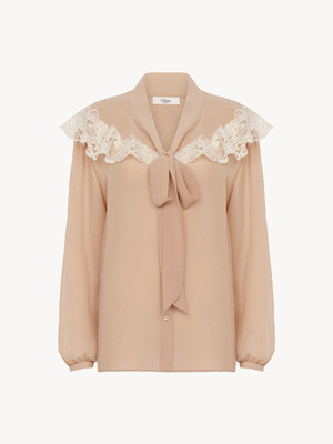 Tie-front gathered blouse in silk georgette & lace