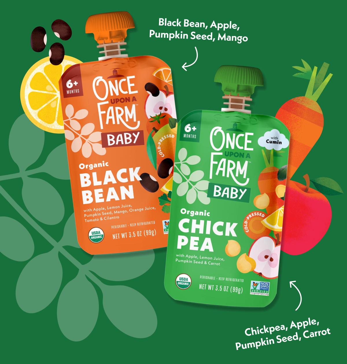 Black Bean, Apple, Pumpkin Seed & Mango and Chickpea, Apple, Pumpkin Seed, Carrot