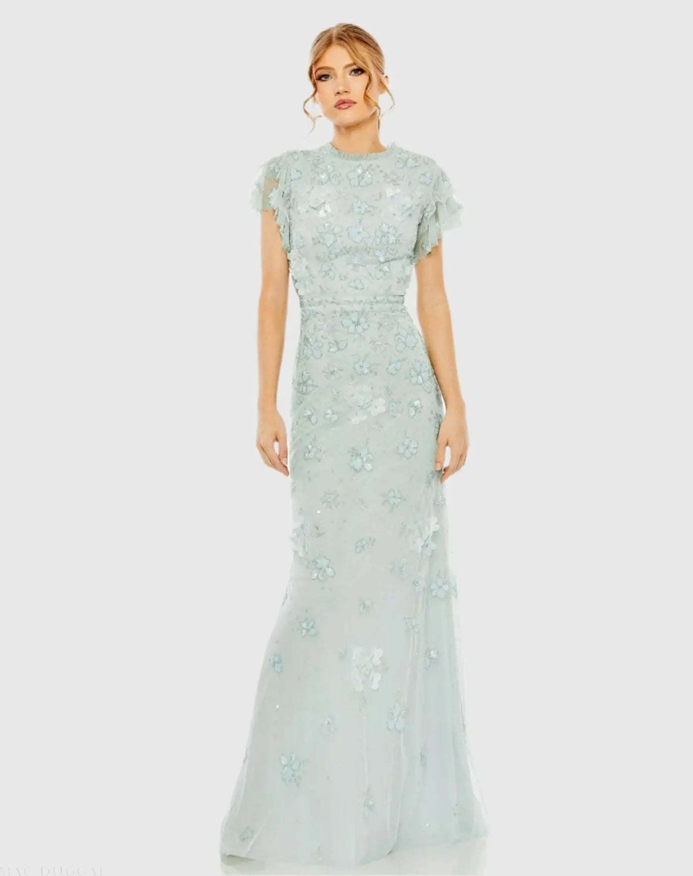 Image of Blue Floral Embellished High Neck Flutter Sleeve Gown