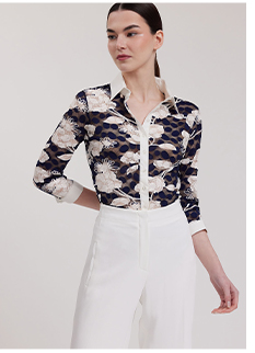 Navy and White 3/4 Sleeve Lace Button Up Blouse