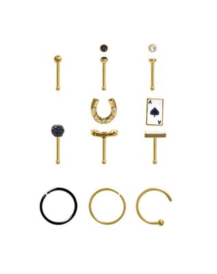 Multi-Pack Black and Clear CZ Lucky Draw Gold-Tone Nose Pins and Hoops 9 Pack - 20 Gauge