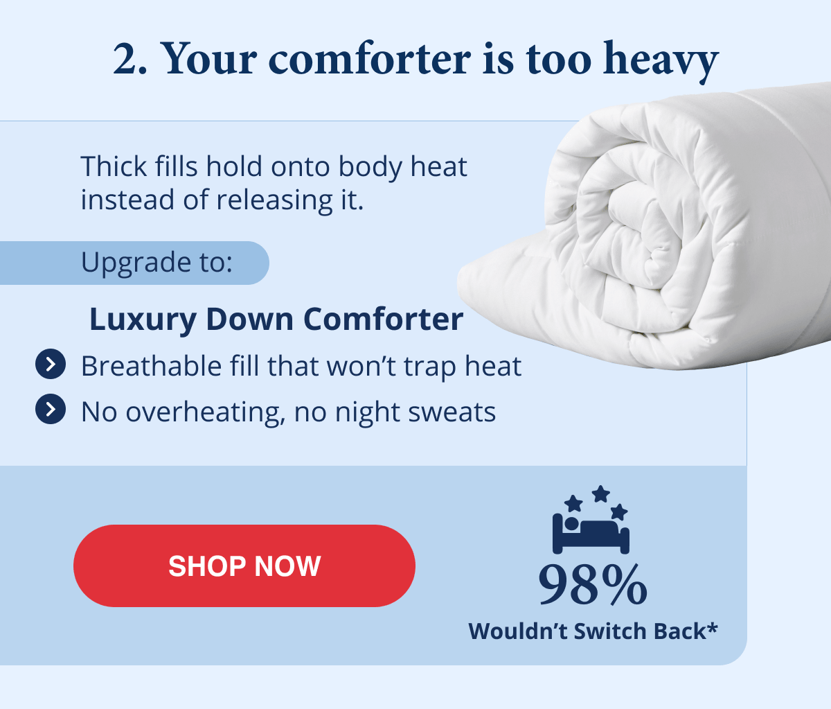 Your comforter is too heavy - switch to Luxury Down Comforter that doesn't trap heat