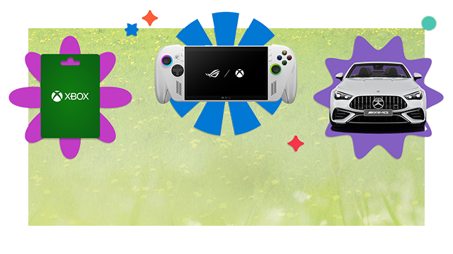 An Xbox Gift Card, ROG Xbox Ally, and a white BMW showcased in art promoting the $2M Microsoft Rewards Sweepstakes.