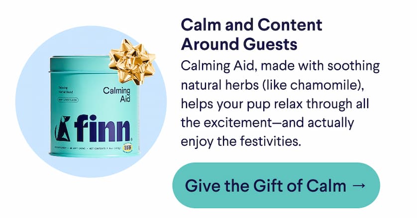 Text: Calm and Content Around Guests Calming Aid, made with soothing natural herbs (like chamomile), helps your pup relax through all the excitement—and actually enjoy the festivities.  CTA: Give the Gift of Calm →