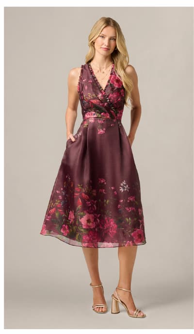 Floral Organza Ruffle Midi Dress In Burgundy Multi