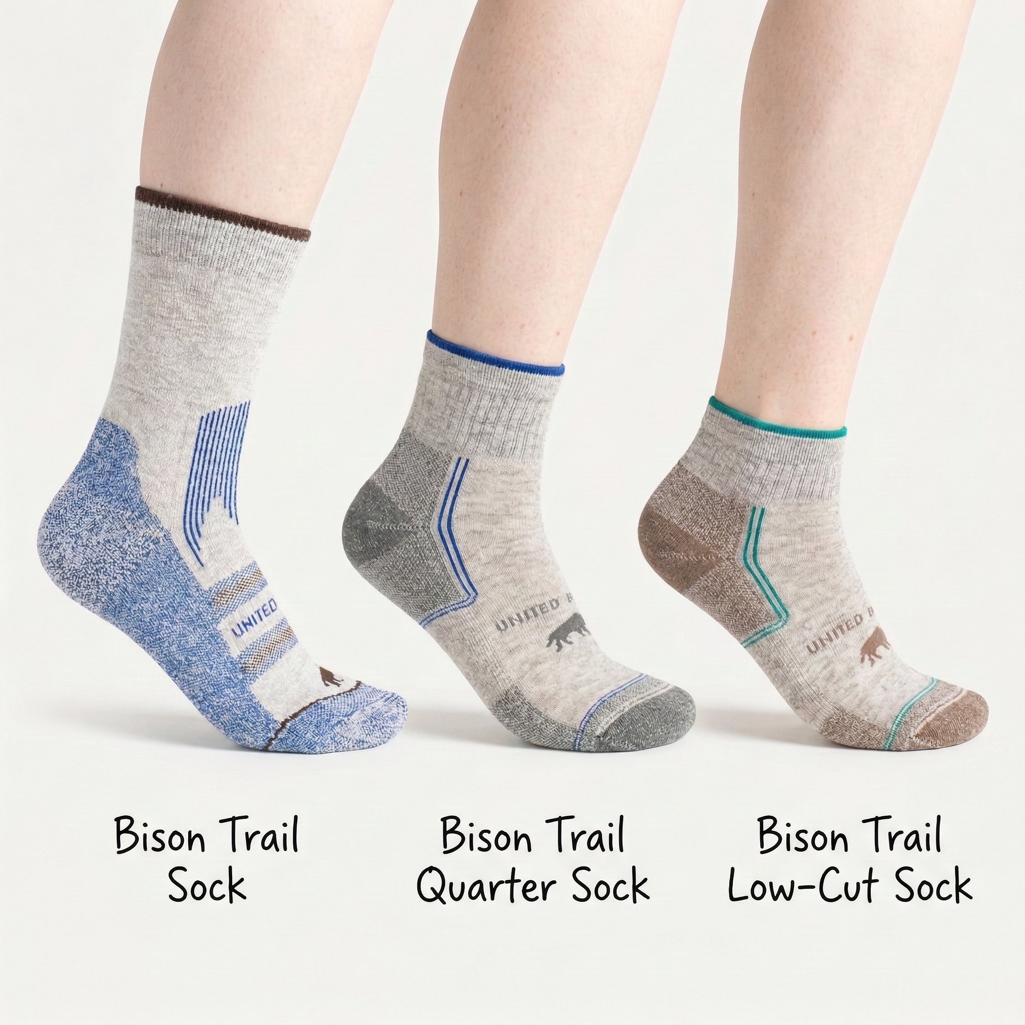 Side-by-side: Bison Trail Sock, Quarter Sock, and Low-Cut Sock