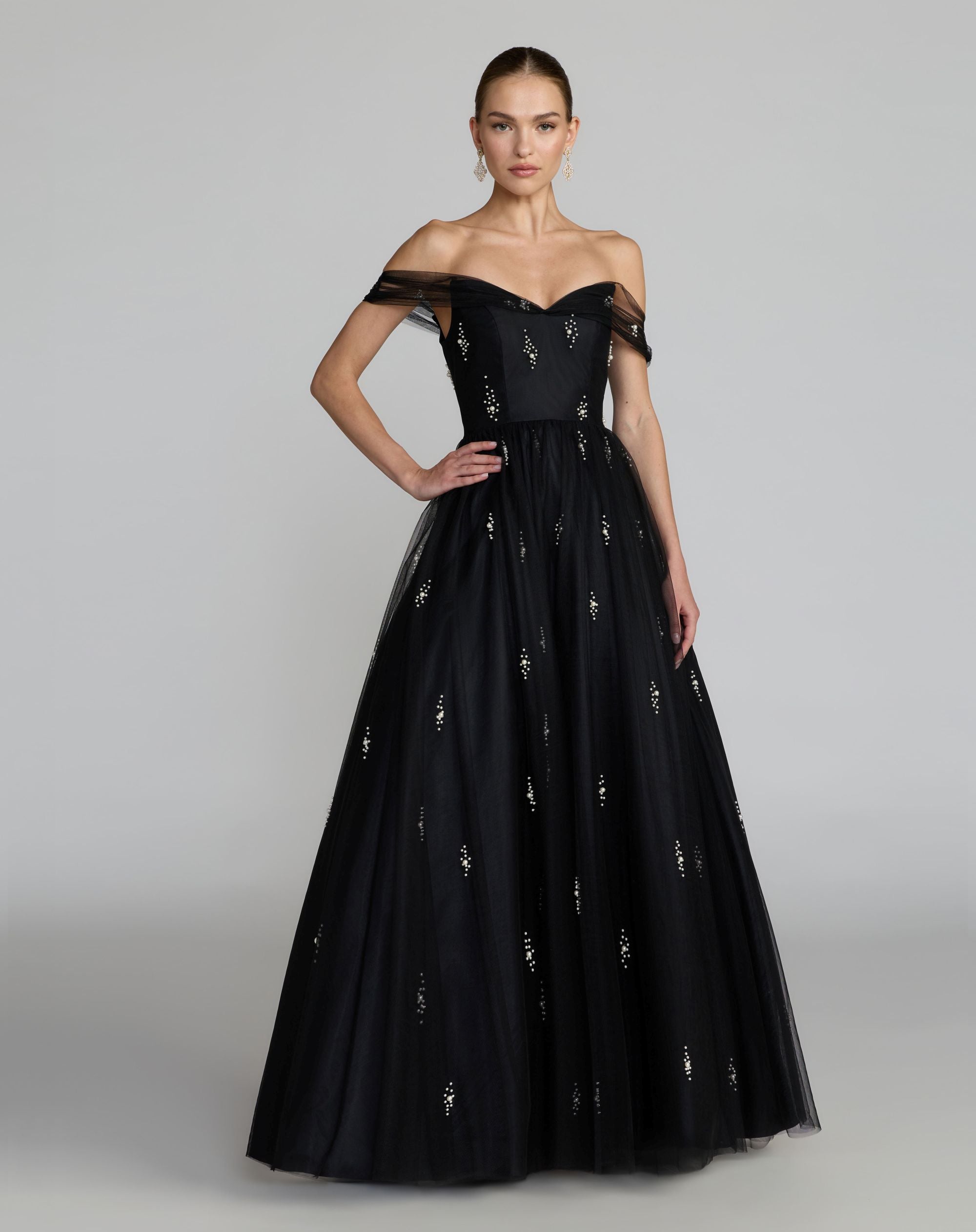 Image of Black Pearl Embellished Off The Shoulder Ball Gown