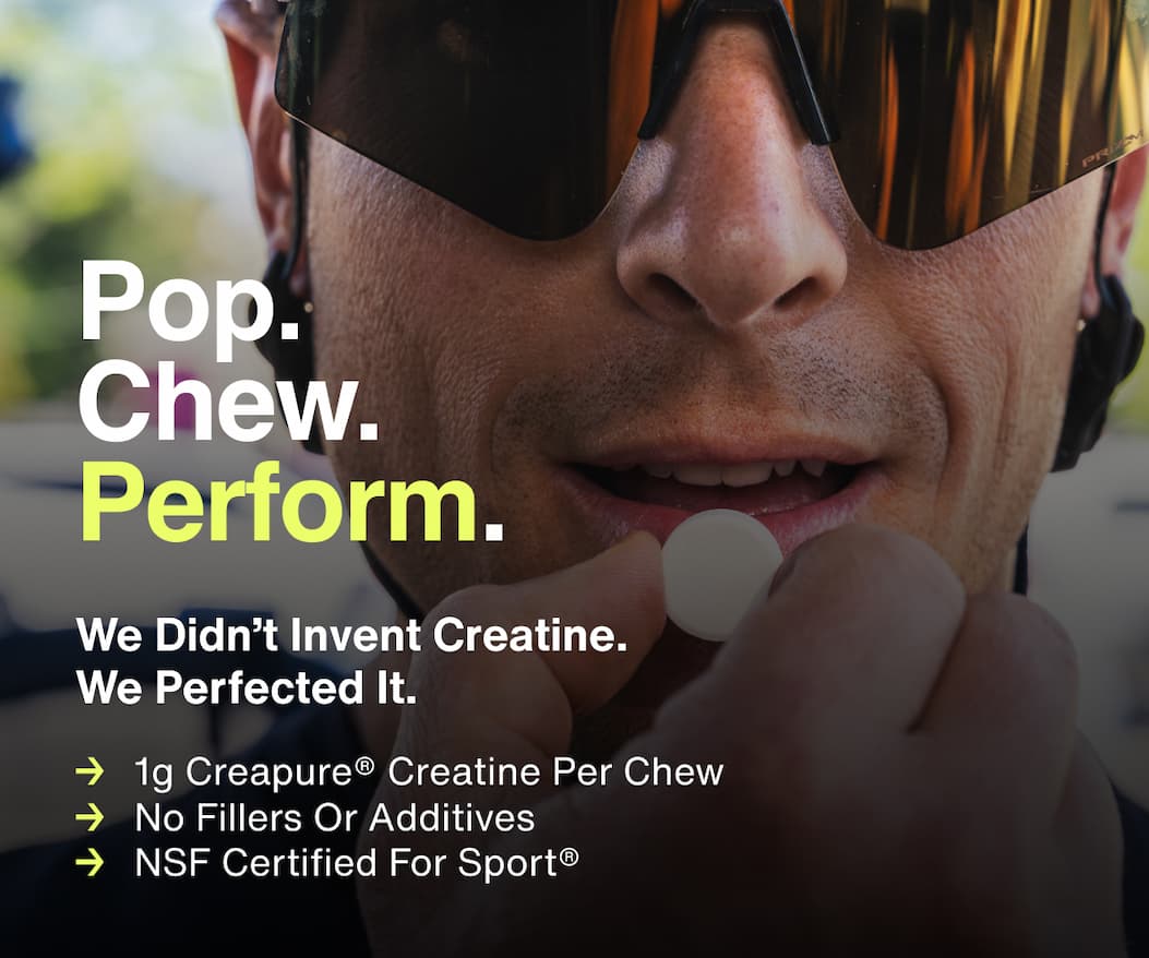 Close-up of a man wearing sunglasses and workout gear holding a Momentous Creatine Chew near his mouth, with text reading 'Pop. Chew. Perform.' and 'We Didn’t Invent Creatine. We Perfected It.' followed by product highlights: 1g Creapure Creatine per chew, no fillers or additives, NSF Certified for Sport."