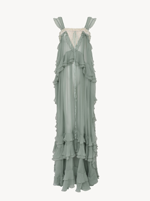 Sleeveless layered long dress in silk mousseline & lace
