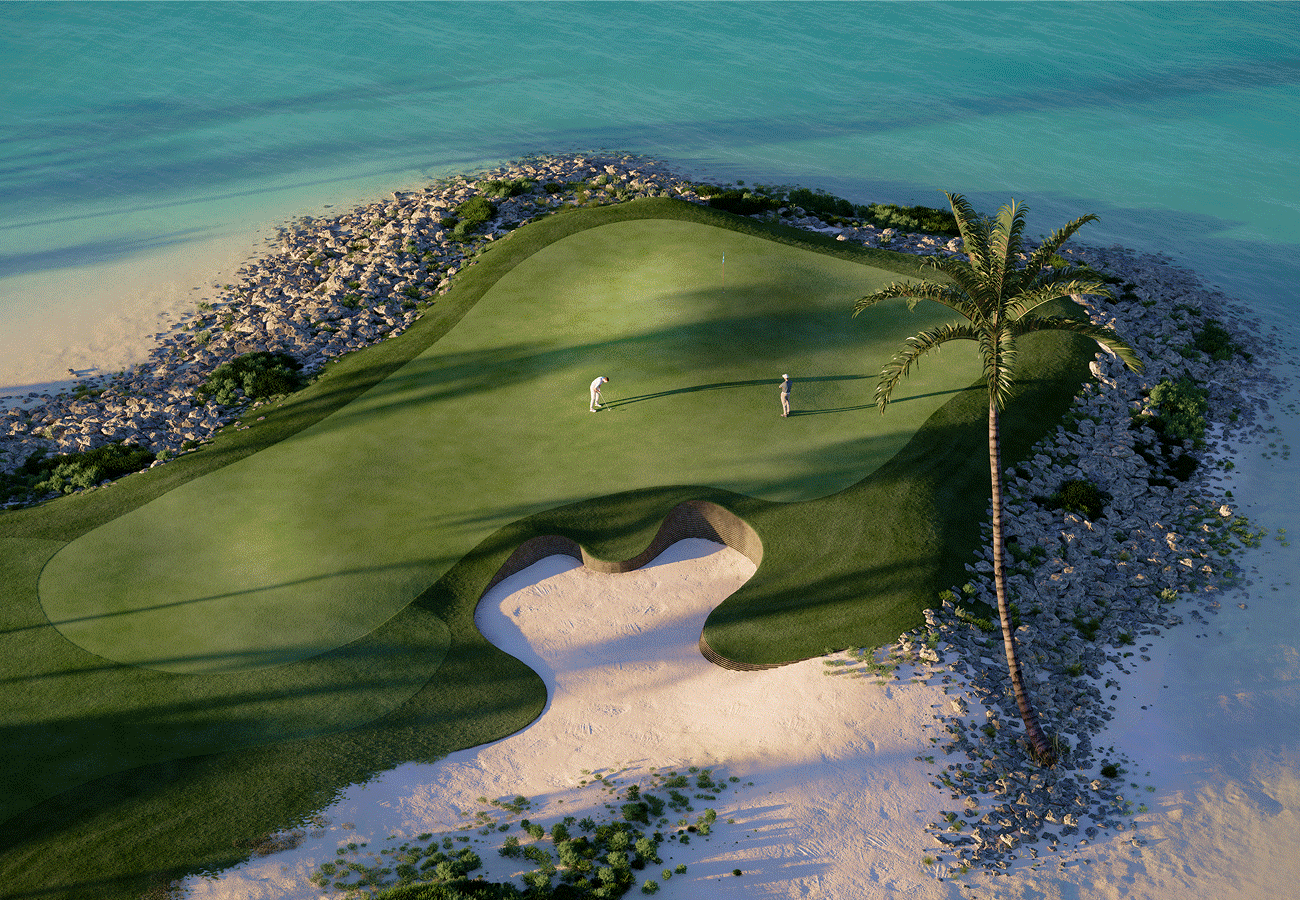 Hero GIF featuring 3 frames: 1) Two people golf on a coastal golf green with sand bunker and surrounding turquoise water. 2) Beachfront villa residence with palm trees, private pool, and open seating at sunset. 3) Bedroom with ocean-front access, open terrace, and floor-to-ceiling glass doors.