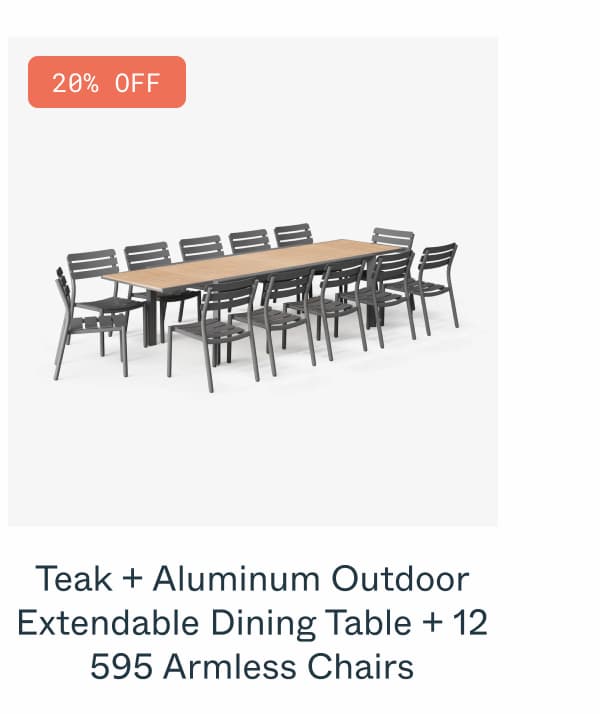 Teak + Aluminum Outdoor Extendable Dining Table + 12 595 Armless Chairs