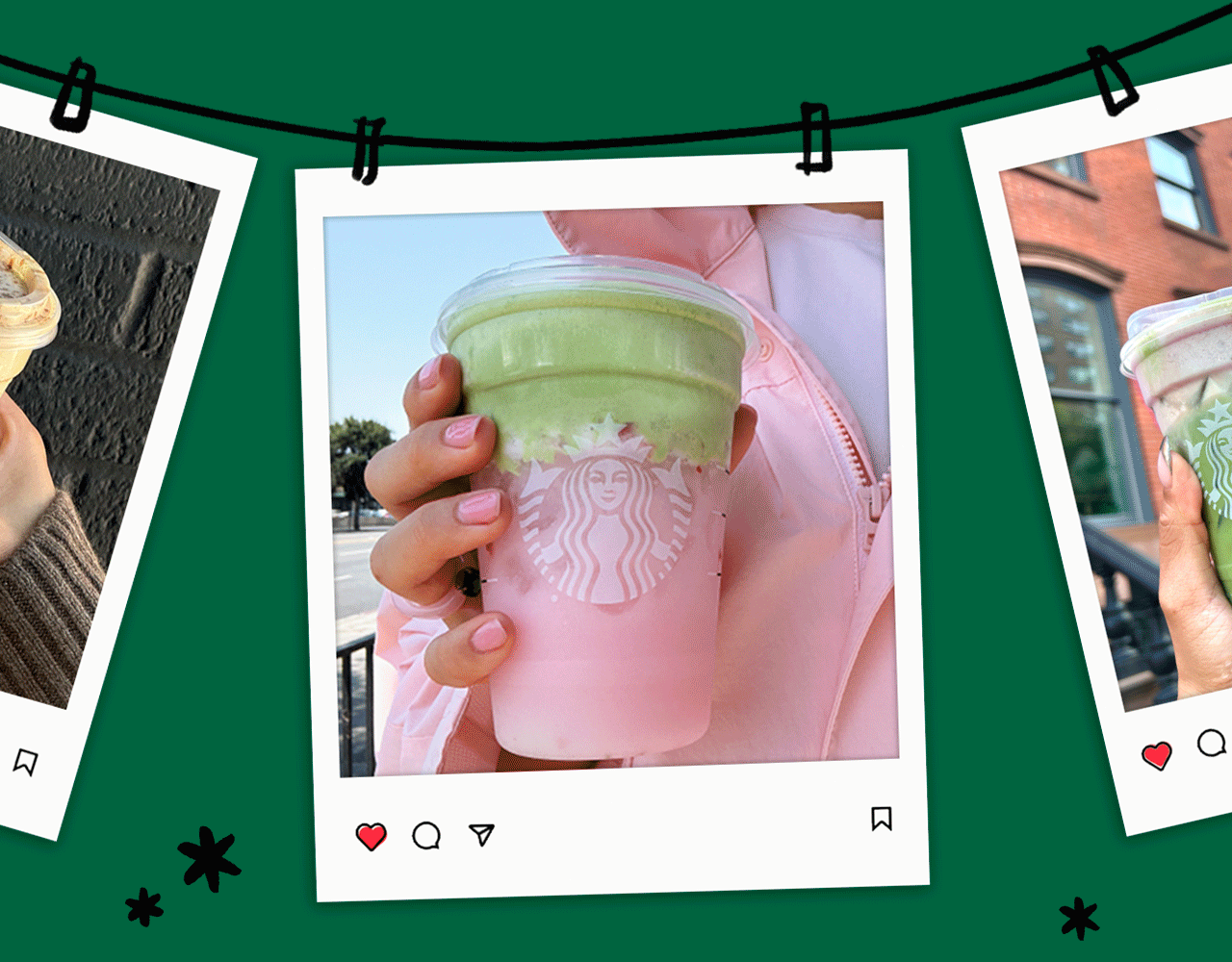GIF of Polaroid-style Starbucks drinks on a clothesline, alternating: coffee with matcha foam, green drink with coffee foam, pink drink with matcha foam.