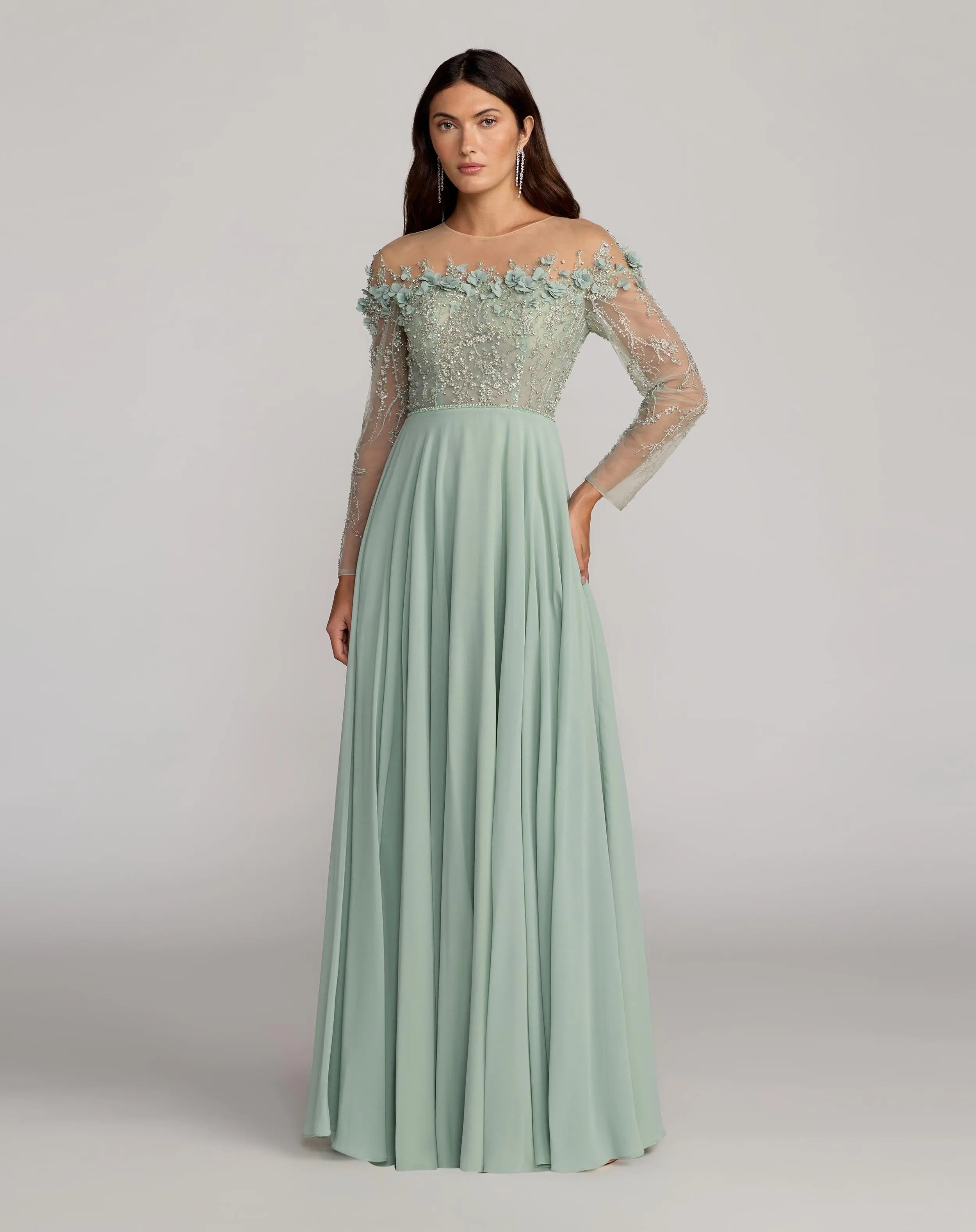 Image of Green Embellished Off The Shoulder Gown With 3D Flowers